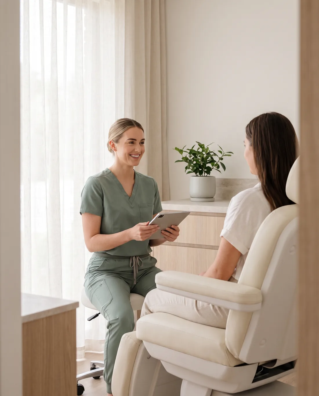 Med spa practitioner in sage scrubs holding a tablet during a consultation with a client in a treatment chair