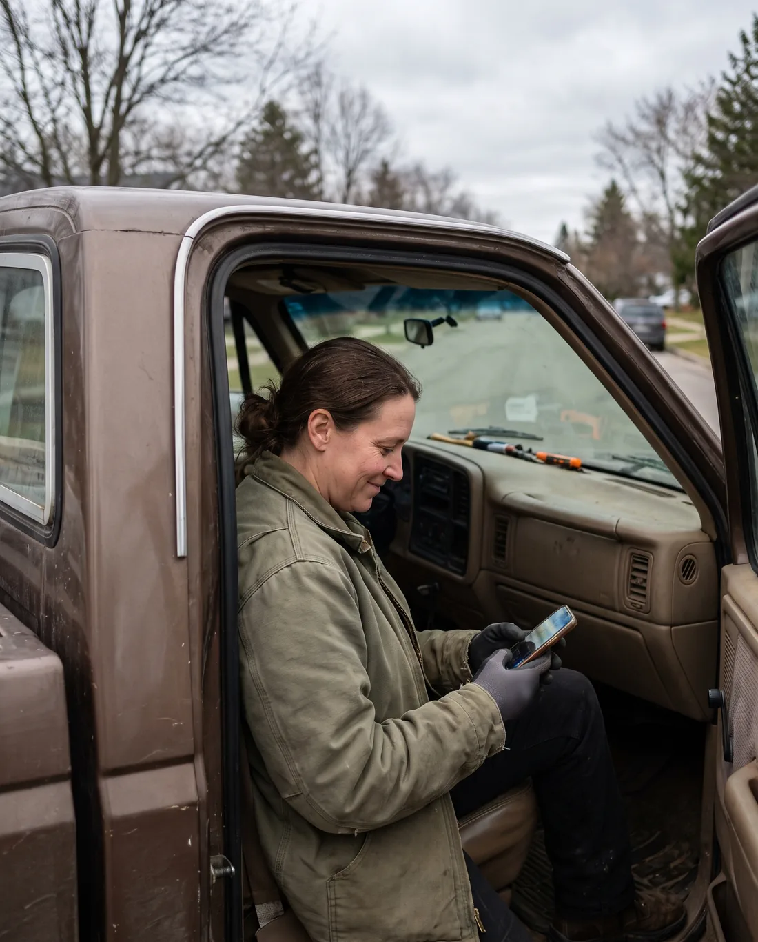 Business owner in a work jacket sitting in her pickup truck, smiling at a new text on her phone