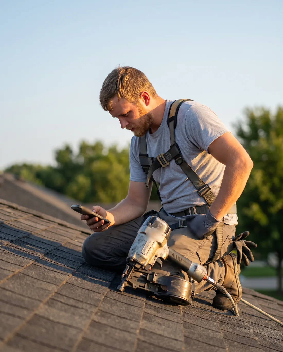 Roofer in a safety harness kneeling on a shingle roof, checking a new lead on his phone next to a nail gun