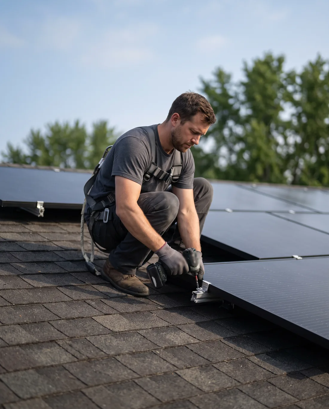 Solar installer in a safety harness fastening a panel clamp on a shingle roof with a cordless drill