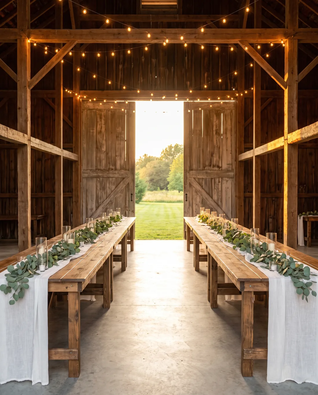 Barn wedding venue with long wooden tables, eucalyptus runners, candles and string lights, doors open to the lawn